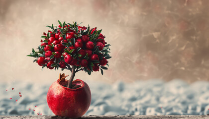 A small tree with red berries is sitting in a bowl. The image has a warm and inviting mood, with the apples and tree creating a sense of abundance and growth. pomegranate with tree coming out of it - Powered by Adobe