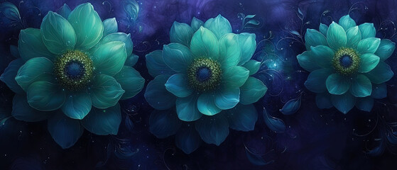 three blue flowers with green leaves on a dark background - obrazy, fototapety, plakaty