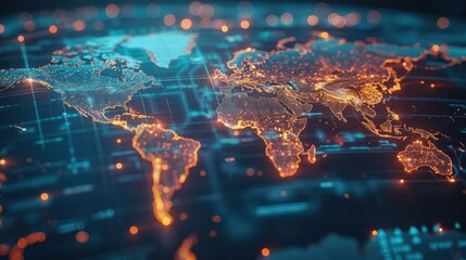 World map on virtual screens, internet technology. Generative AI.