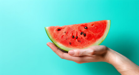 A hand holding a slice of watermelon. The watermelon is cut in half and is placed on a blue background. banner of Hand with piece of ripe watermelon on blue background - Powered by Adobe
