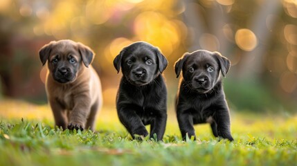 Three puppies walking together on grass