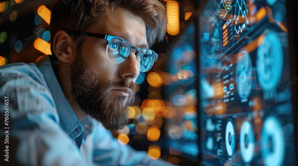 Aufkleber IT professional working with futuristic computer screen. Generative AI.