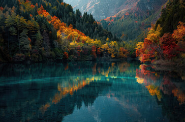 A stunning photograph of the mesmerizing Htherest Lake in Sichuan, China, - obrazy, fototapety, plakaty