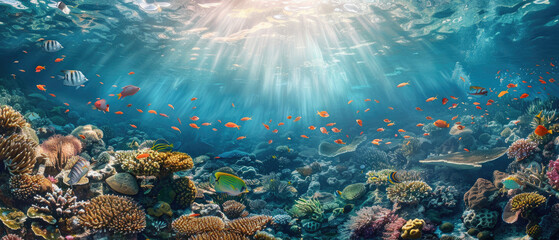 Fototapeta na wymiar In the crystal clear blue sea, colorful fish swim around coral reefs, creating an underwater world of beauty and tranquility