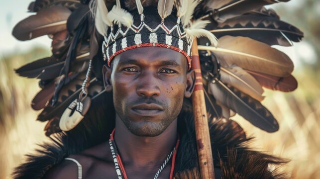 Zulu warrior in traditional African headdress with feathers and ceremonial costume