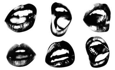 Pop art mouth elements. Grunge black and white open mouth with tongue. Trasparent Background with vintage graphic illustration - obrazy, fototapety, plakaty
