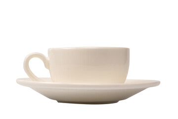 Ceramic white coffee cup and saucer isolated on white background.