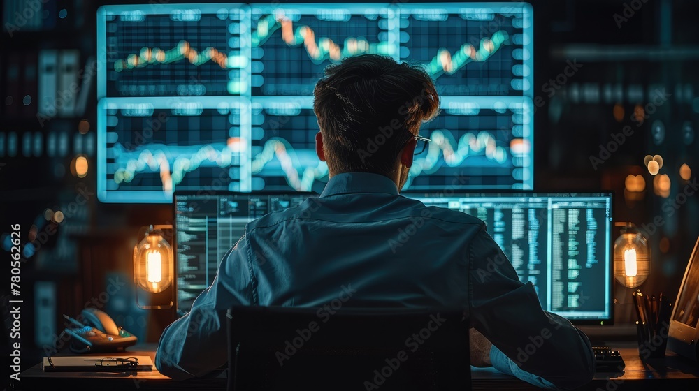 Aufkleber investor sitting in the dark behind the desk and watching the graph on screen. generative ai.