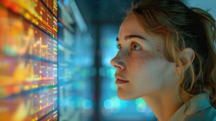 Female administrative employee watching a large screen showing results market trends and demand analysis. Generative AI.