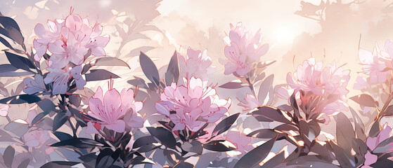 a many pink flowers in the background of a sunlit sky