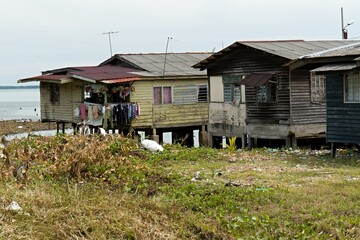 View of dwellings in Sim Sim water village Sandakan and Sulu Sea. Sabah. Borneo island. Malaysia....