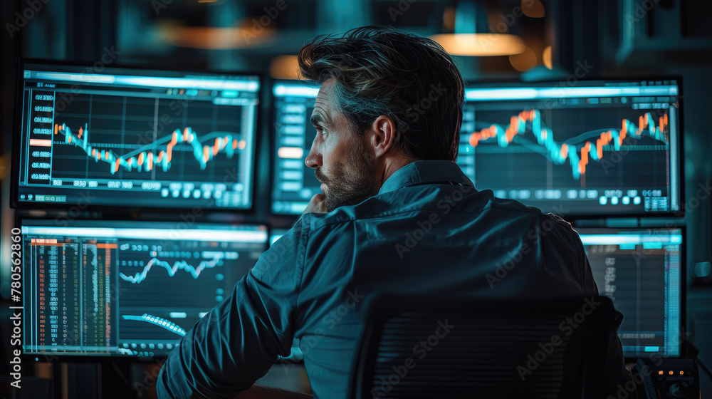 Poster investor sitting in the dark behind the desk and watching the graph on screen. generative ai.