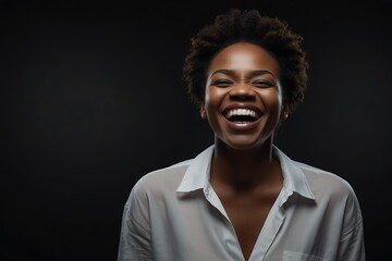 young black african middle aged woman on plain bright black background laughing hysterically looking at camera background banner template ad marketing concept from Generative AI