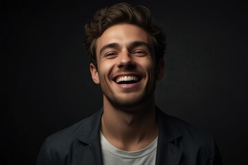 young british man on plain bright black background laughing hysterically looking at camera background banner template ad marketing concept from Generative AI - obrazy, fototapety, plakaty