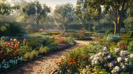 A wide-angle shot capturing the tranquility of an early morning in the garden with paths leading between awakening beds of flowers - obrazy, fototapety, plakaty
