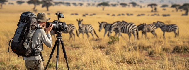 A wildlife photographer is taking pictures of zebras and antelope in the Serengeti, holding an enormous telephoto lens camera on his tripod. - obrazy, fototapety, plakaty