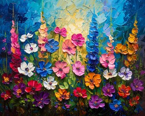 Oil painting, summer garden scene in abstract, palette knife technique, with a myriad of flowers on a vivid background, dramatic lighting and radiant highlights