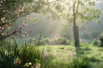 The quiet morning atmosphere of a spring garden capturing the essence of tranquility and new beginnings - obrazy, fototapety, plakaty