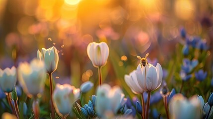 The serene beauty of a spring garden at dawn filled with the soft hum of bees pollinating the first flowers - obrazy, fototapety, plakaty