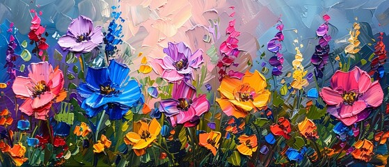 Vibrant, abstract representation of a summer garden, oil paint with palette knife strokes, on a lively background, featuring colorful flowers and dramatic lighting