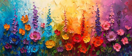 Vibrant, abstract representation of a summer garden, oil paint with palette knife strokes, on a lively background, featuring colorful flowers and dramatic lighting