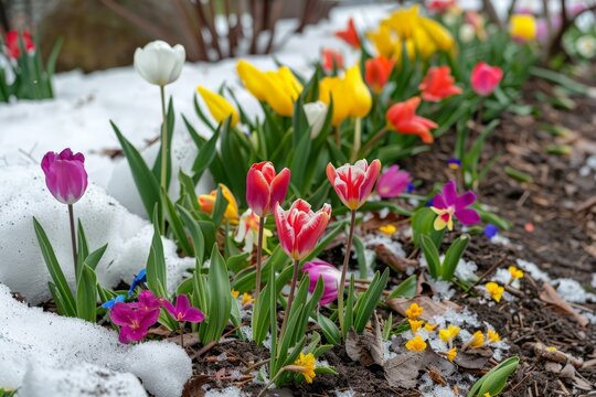 The vibrant contrast of early blooms against the last remnants of snow a visual representation of seasonal transition