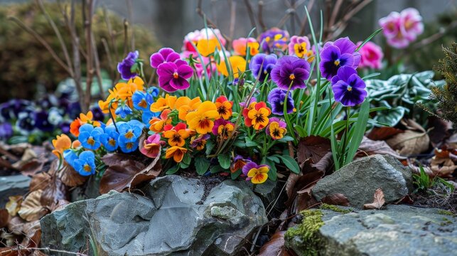 The vibrant colors of early spring flowers contrasted against the last remnants of winters grasp
