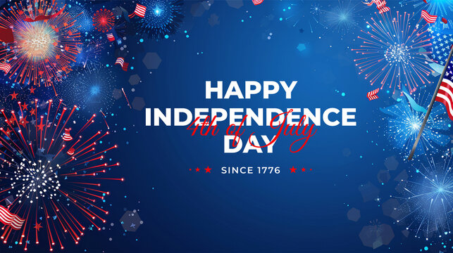 Happy Independence Day, 4th of July, Freedom celebrating banner, Blue firework background with American flag, American national holiday and celebration of the United States of America, US National Day