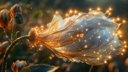 A seed pod releasing a cloud of spores that transform into ethereal beings of light