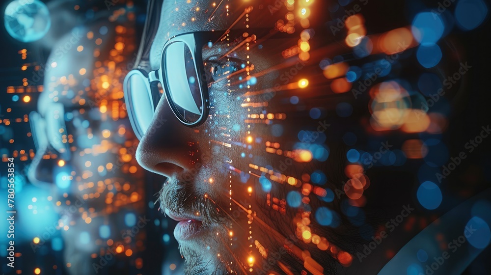 Poster information technology with holographic with man. generative ai.