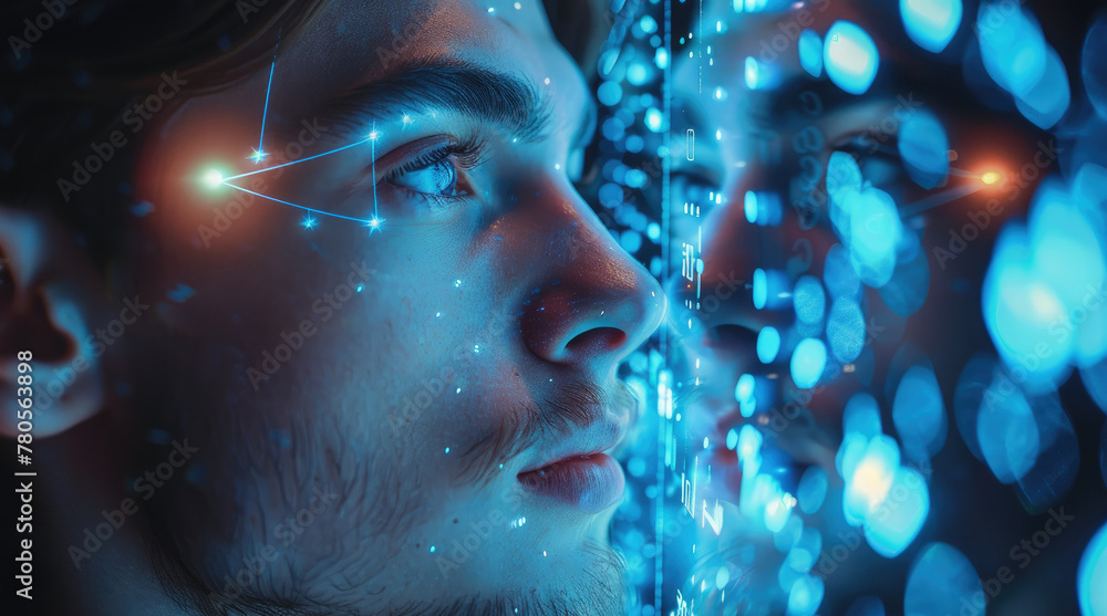 Aufkleber information technology with holographic with man. generative ai.