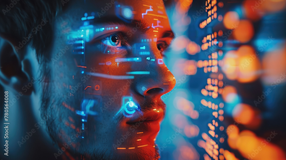 Aufkleber Information technology with holographic with man. Generative AI.