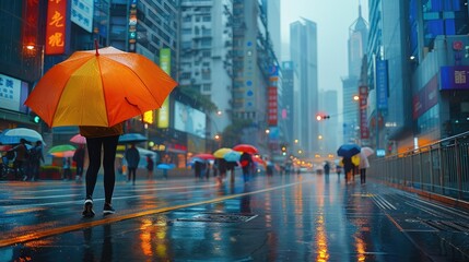 Rainy metropolitan streets, glistening asphalt reflecting city lights, pedestrians with colorful umbrellas, towering skyscrapers shrouded in mist. Generative AI.