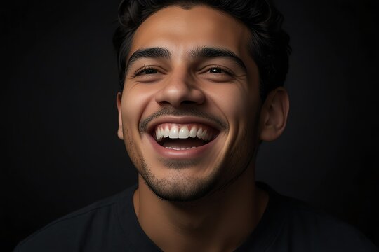 young hispanic man on plain bright black background laughing hysterically looking at camera background banner template ad marketing concept from Generative AI