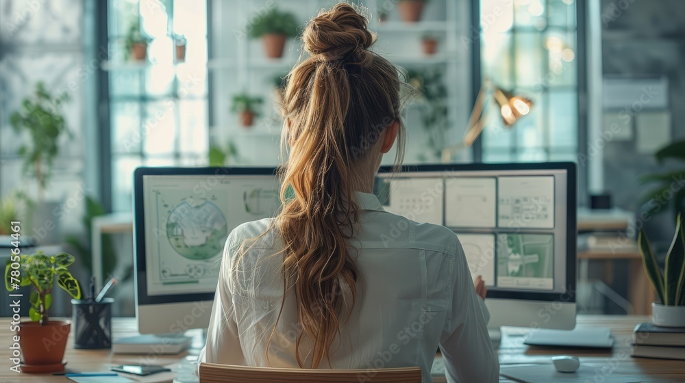 Aufkleber Female architect sitting in a bright office with computer screens at modern workspace. Generative AI.