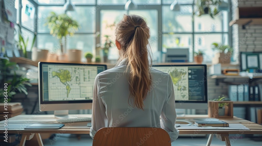 Fototapete Female architect sitting in a bright office with computer screens at modern workspace. Generative AI.