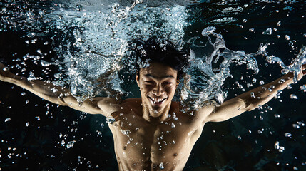a full body view of male model, jumped in clear water