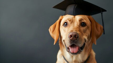 dog in academic cap, rear view, student, graduate in robes, graduation, monochrome background