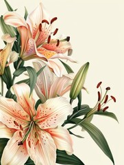 Lilies illustration with detailed pink petals - A digital illustration featuring a cluster of realistic pink lilies with spots and detailed stamens against a neutral background