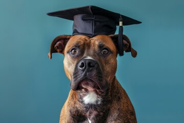 dog in academic cap, rear view, student, graduate in robes, graduation, monochrome background