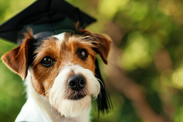 dog in academic cap, rear view, student, graduate in robes, graduation, monochrome background