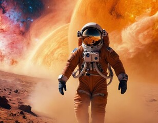 Spacewalk: Astronaut Explores Alien Terrain, Cosmic Explorer: Man in Spacesuit Ventures into the Unknown, Surface of the Unknown: Astronaut in Space Suit Explores New World