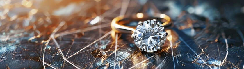 Closeup of a diamond ring cast in golden sunset light warmth and romance - obrazy, fototapety, plakaty