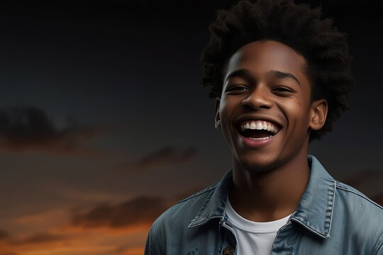 young jamaican teenage boy on plain bright black background laughing hysterically looking at camera background banner template ad marketing concept from Generative AI