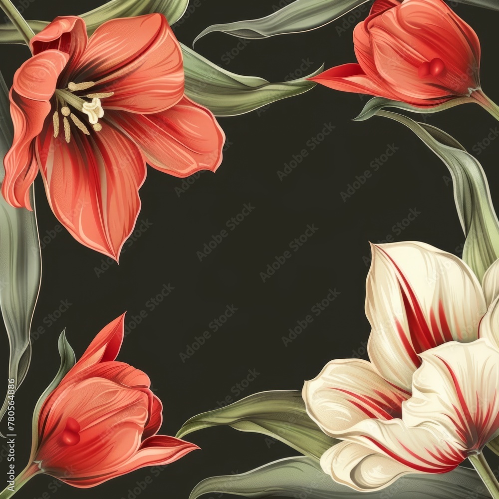 Sticker Elegant red and white flowers on dark backdrop - A mesmerizing floral arrangement of red and white flowers with twisting leaves on a chic dark background