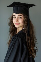portrait of a beautiful woman in an academic cap, student, graduate in robes, graduation, grey background