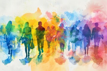 Crowd of People Abstract Watercolor Concept - A lively, colorful abstract watercolor composition of a crowd of people representing social interactions - obrazy, fototapety, plakaty