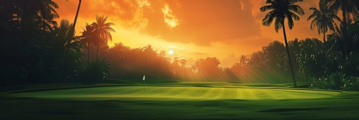 Tropical sunset over serene golf course - A tranquil golf course basking in the warm glow of a tropical sunset with palm trees and rolling hills under a calming sky
