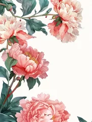 Poster Beautiful pink peonies bouquet illustration - A stunning display of vibrant pink peonies with lush green leaves arranged beautifully on a plain background © Mickey