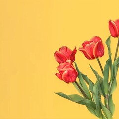 Bright Red Tulips On Yellow Background - A vibrant image of red tulips positioned against a warm yellow backdrop, highlighting the contrast and pop of color